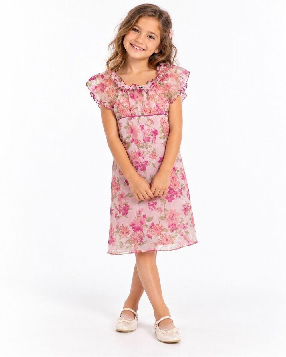 Zoey Girls Size 7 Y2K Pink Floral Chiffon Ruffle Dress Fairycore